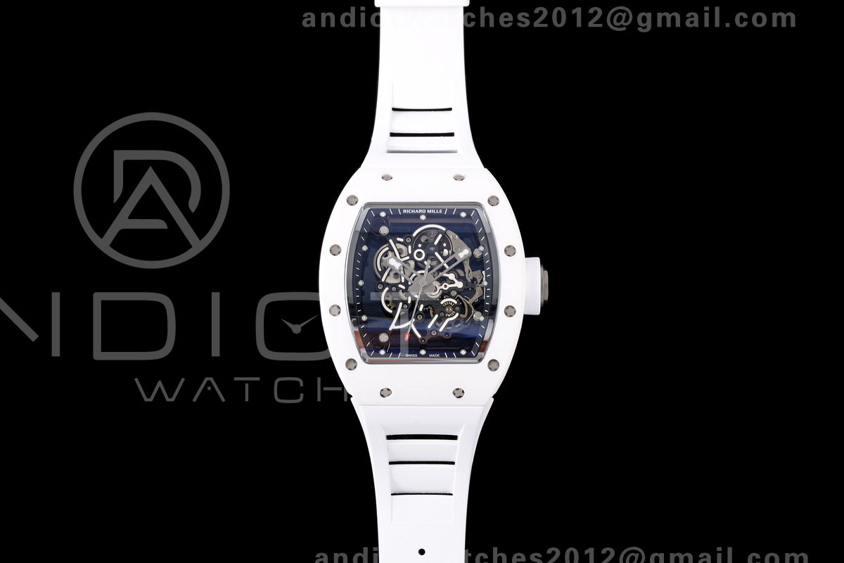 Mille Studio RM055 White Ceramic 1:1 Best Edition Skeleton Dial on White Rubber Strap RMUL2 Super Clone